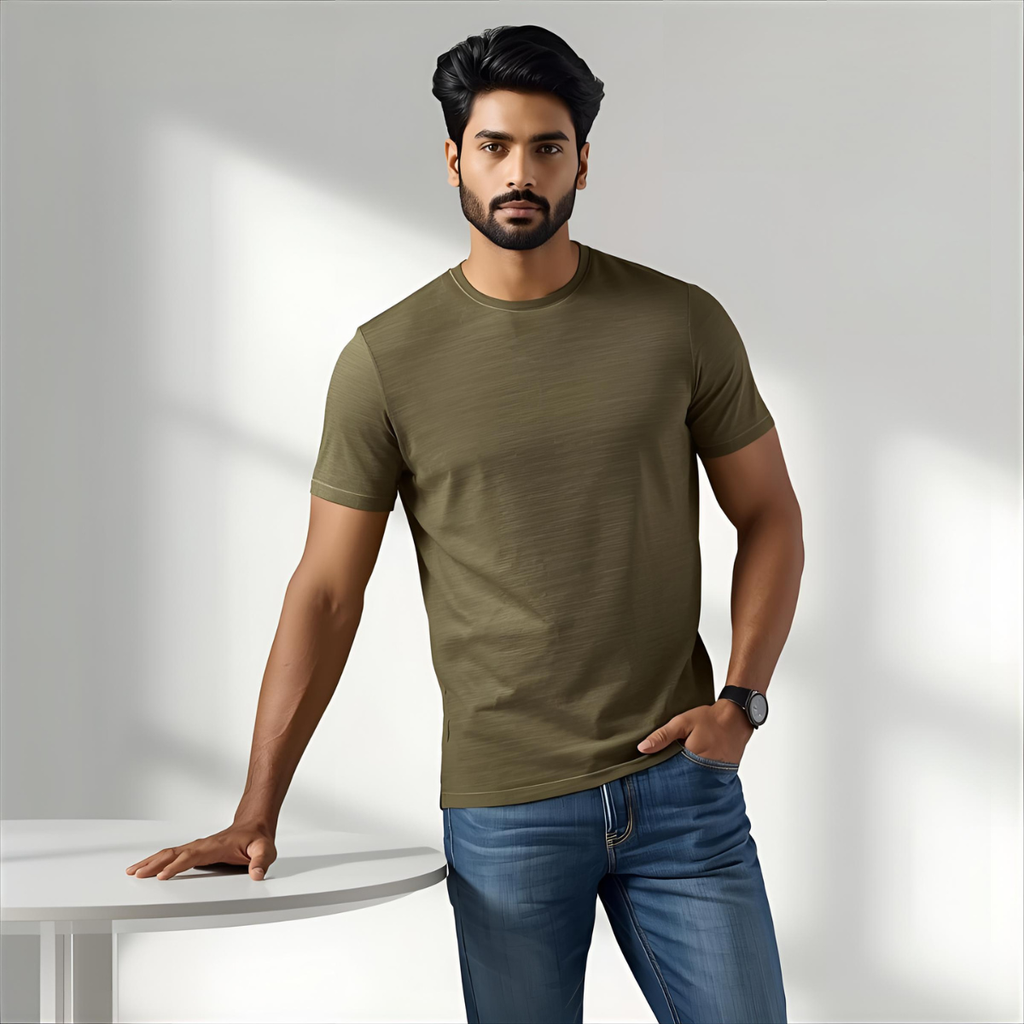 Sharx Half Sleeve Olive Melange Cotton T Shirt