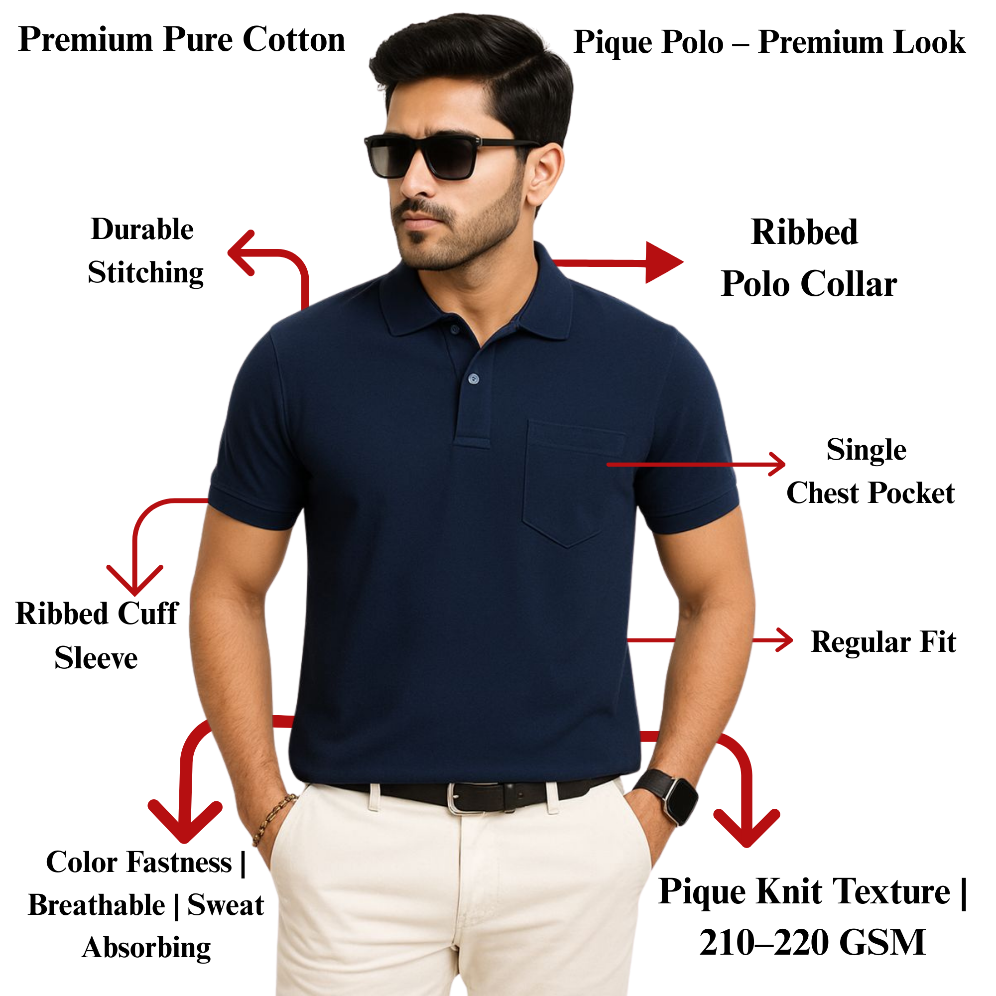 SHARXTRENDS Men’s Pure Cotton Pique Polo T-Shirt | Regular Fit | Ribbed Collar & Half Sleeve | 210–220 GSM | Casual, Office & Daily Wear