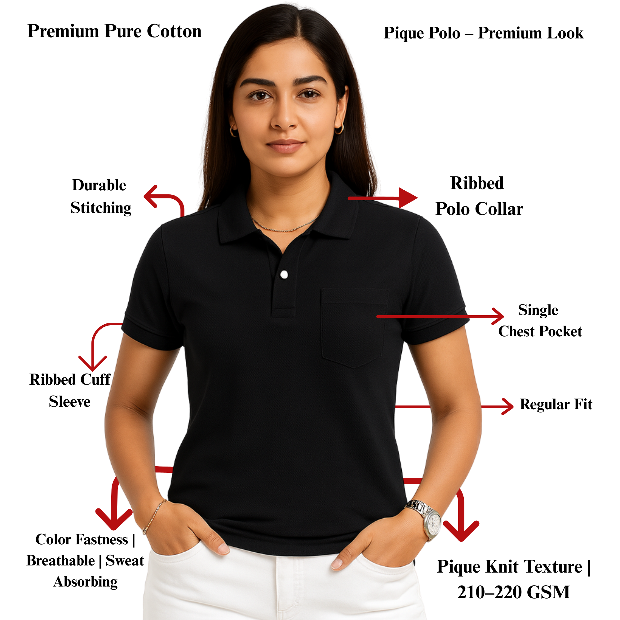 SHARXTRENDS Women’s Pure Cotton Pique Polo T-Shirt | Regular Fit | Ribbed Collar & Half Sleeve | 210–220 GSM | Casual, Office & Daily Wear