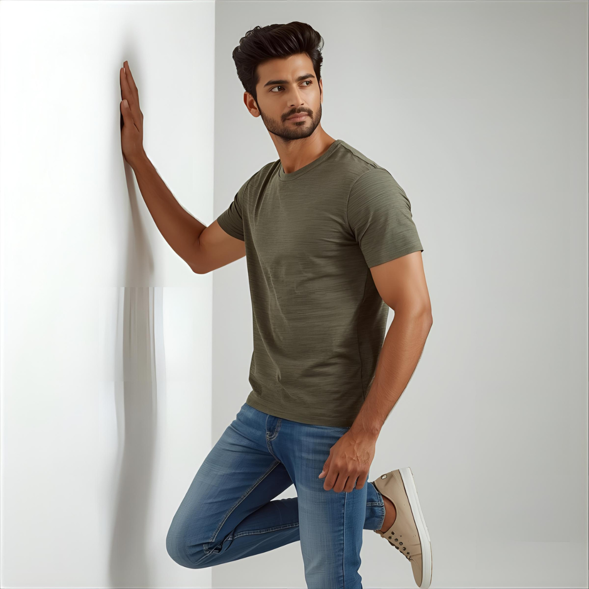 Sharx Half Sleeve Olive Melange Cotton T Shirt